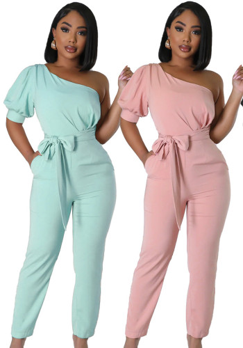 Fashion One Shoulder High Waist Low Back Slim Fit One Piece Trousers Women's Jumpsuit