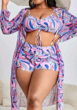 Women's Print Drawstring High Waisted Two Pieces Swimsuit Long Sleeve Blouse Plus Size Three-Piece Swimwear