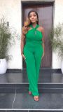 Summer Sleeveless Low Back Solid Color High Waist Strap Straight Jumpsuit