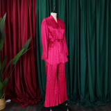 Women's Solid Color Pleated Loose Long Sleeve Lace-Up Shirt-Pants Two-Piece Set