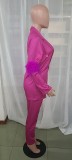 Fall Women Feather Blazer and Pant Two Piece