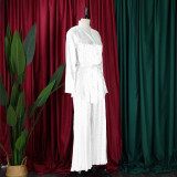 Women's Solid Color Pleated Loose Long Sleeve Lace-Up Shirt-Pants Two-Piece Set