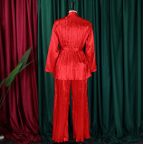 Women's Solid Color Pleated Loose Long Sleeve Lace-Up Shirt-Pants Two-Piece Set