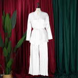 Women's Solid Color Pleated Loose Long Sleeve Lace-Up Shirt-Pants Two-Piece Set