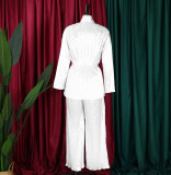 Women's Solid Color Pleated Loose Long Sleeve Lace-Up Shirt-Pants Two-Piece Set