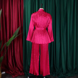 Women's Solid Color Pleated Loose Long Sleeve Lace-Up Shirt-Pants Two-Piece Set