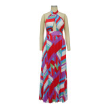 Women Halter Neck Backless Pleated Print Sleeveless Dress