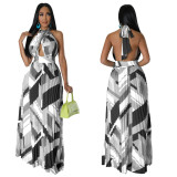 Women Halter Neck Backless Pleated Print Sleeveless Dress