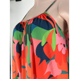 Plus Size Women Summer Sexy Off Shoulder Pleated Print Strap Dress