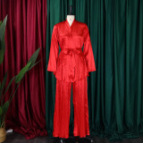 Women's Solid Color Pleated Loose Long Sleeve Lace-Up Shirt-Pants Two-Piece Set