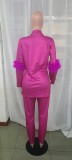 Fall Women Feather Blazer and Pant Two Piece