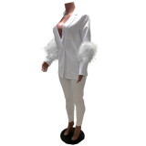 Fall Women Feather Blazer and Pant Two Piece