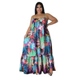 Plus Size Women Summer Sexy Off Shoulder Pleated Print Strap Dress