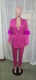 Fall Women Feather Blazer and Pant Two Piece