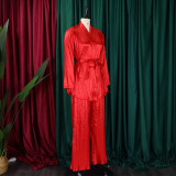 Women's Solid Color Pleated Loose Long Sleeve Lace-Up Shirt-Pants Two-Piece Set