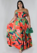 Plus Size Women Summer Sexy Off Shoulder Pleated Print Strap Dress