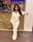 Fashionable Casual Solid Ribbed Loose-Cut Style Tie Bow Two Piece Set