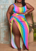 Fashion Plus Size Women's Sexy Rainbow Stripe Cutout One Piece Swimsuit Dress Two-Piece Set Fashion Plus Size Women's Sexy Rainbow Stripe Cutout One Piece Swimsuit Dress Two-Piece Set