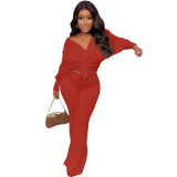 Fashionable Casual Solid Ribbed Loose-Cut Style Tie Bow Two Piece Set