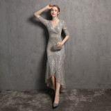 Long Sleeve V Neck Maxi Gown Sequin Dress Wedding Formal Party Party Dress