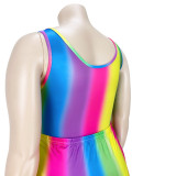 Fashion Plus Size Women's Sexy Rainbow Stripe Cutout One Piece Swimsuit Dress Two-Piece Set