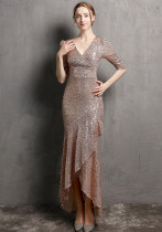 Long Sleeve V Neck Maxi Gown Sequin Dress Wedding Formal Party Party Dress