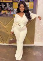 Fashionable Casual Solid Ribbed Loose-Cut Style Tie Bow Two Piece Set Fashionable Casual Solid Ribbed Loose-Cut Style Tie Bow Two Piece Set