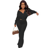 Fashionable Casual Solid Ribbed Loose-Cut Style Tie Bow Two Piece Set