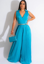 Sleeveless Chic Casual V Neck Slim Waist Pleated Wide Leg Jumpsuit