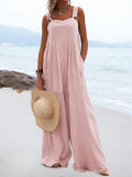 Summer Ladies Fashion Solid Color Button Suspenders Jumpsuit Wide Leg Pants Trousers