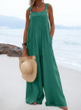 Summer Ladies Fashion Solid Color Button Suspenders Jumpsuit Wide Leg Pants Trousers