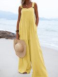 Summer Ladies Fashion Solid Color Button Suspenders Jumpsuit Wide Leg Pants Trousers