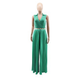 Sleeveless Chic Casual V Neck Slim Waist Pleated Wide Leg Jumpsuit