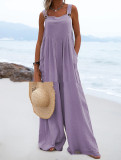 Summer Ladies Fashion Solid Color Button Suspenders Jumpsuit Wide Leg Pants Trousers