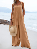 Summer Ladies Fashion Solid Color Button Suspenders Jumpsuit Wide Leg Pants Trousers
