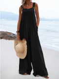 Summer Ladies Fashion Solid Color Button Suspenders Jumpsuit Wide Leg Pants Trousers