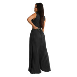 Sleeveless Chic Casual V Neck Slim Waist Pleated Wide Leg Jumpsuit