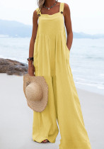 Summer Ladies Fashion Solid Color Button Suspenders Jumpsuit Wide Leg Pants Trousers