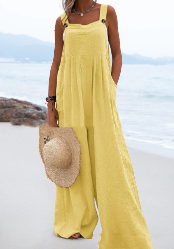 Summer Ladies Fashion Solid Color Button Suspenders Jumpsuit Wide Leg Pants Trousers