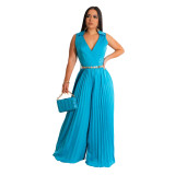 Sleeveless Chic Casual V Neck Slim Waist Pleated Wide Leg Jumpsuit