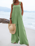 Summer Ladies Fashion Solid Color Button Suspenders Jumpsuit Wide Leg Pants Trousers