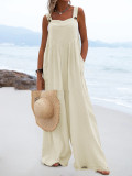 Summer Ladies Fashion Solid Color Button Suspenders Jumpsuit Wide Leg Pants Trousers