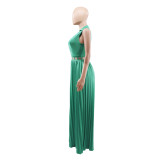 Sleeveless Chic Casual V Neck Slim Waist Pleated Wide Leg Jumpsuit