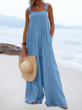 Summer Ladies Fashion Solid Color Button Suspenders Jumpsuit Wide Leg Pants Trousers