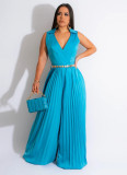 Sleeveless Chic Casual V Neck Slim Waist Pleated Wide Leg Jumpsuit