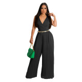 Sleeveless Chic Casual V Neck Slim Waist Pleated Wide Leg Jumpsuit