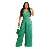 Sleeveless Chic Casual V Neck Slim Waist Pleated Wide Leg Jumpsuit