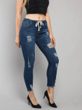 Women's Elastic Waist Ripped Denim Pants Women's Mid Rise Tie Slim Fit Stretch Tight Jeans