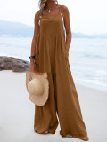 Summer Ladies Fashion Solid Color Button Suspenders Jumpsuit Wide Leg Pants Trousers