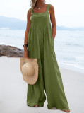 Summer Ladies Fashion Solid Color Button Suspenders Jumpsuit Wide Leg Pants Trousers